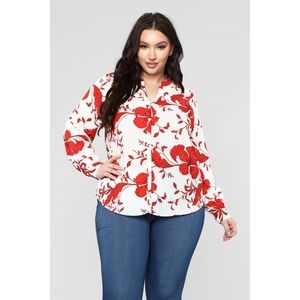 Fashion Nova Floral Print Blouse Top Women Red White Long Sleeve Button Up Shirt